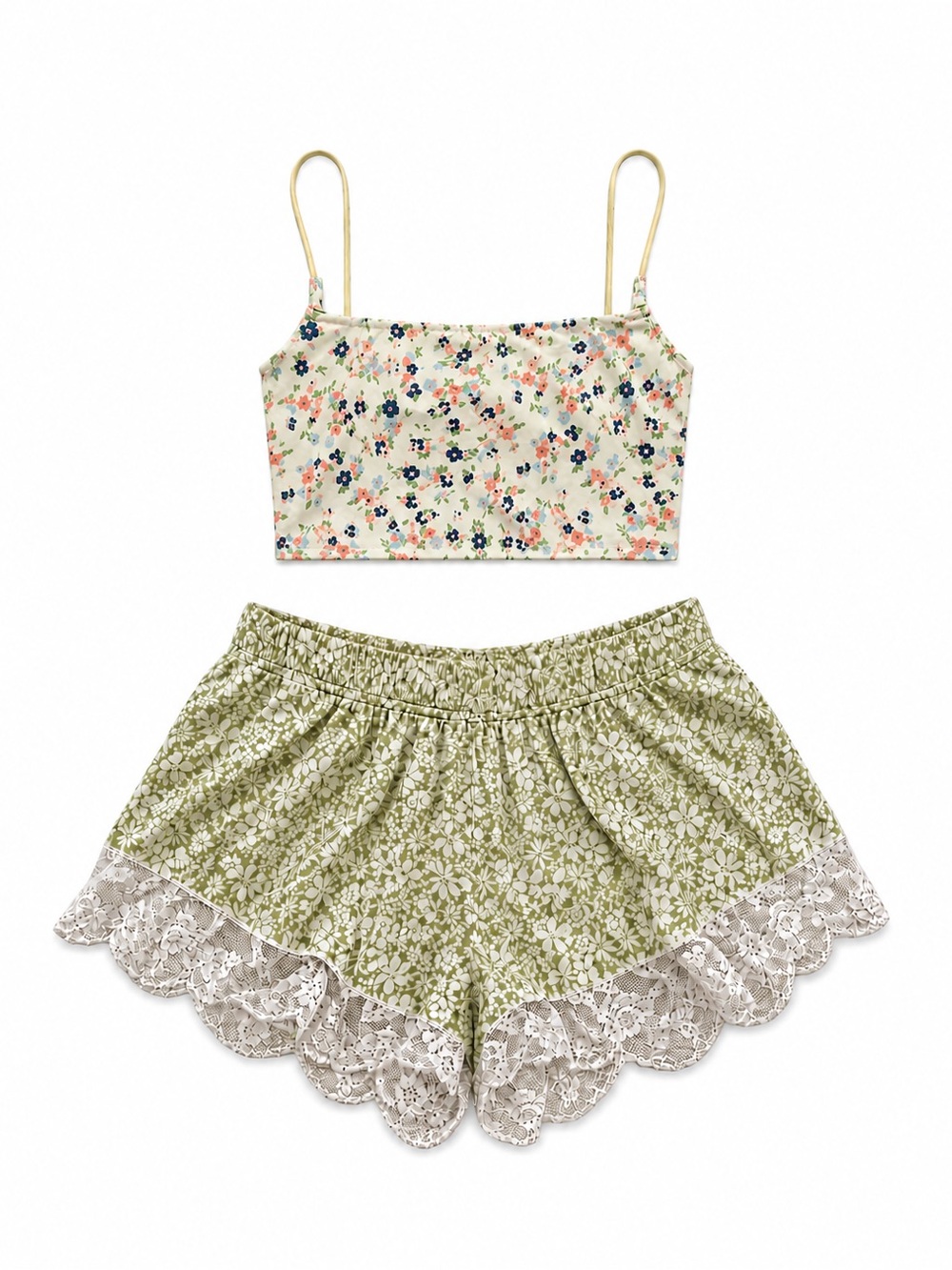 Anthropologie Floral Lace Pajama Lounge Set Crop Cami + Shorts XS S/M